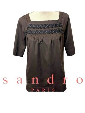 Sandro Paris Brown Black Embroidery Boatneck Elbow Sleeve Cotton Top (4)
